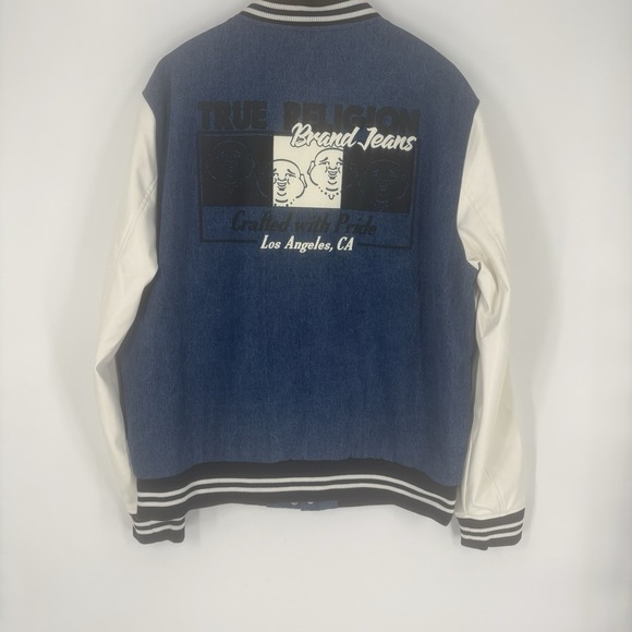 True Religion Mens Quad Buddha Denim Varsity‎ Jacket Size Large Streetwear